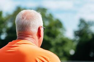 Man in orange shirt observes outdoor activity on a sunny day while surrounded by greenery photo