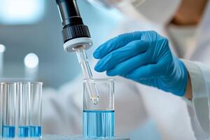 Laboratory technician conducts precise experiments with pipette and blue liquid in modern research facility photo