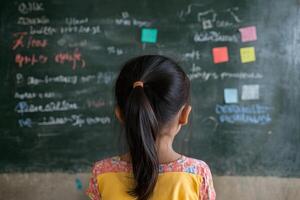 Child observes colorful notes on chalkboard in classroom setting during school hours photo