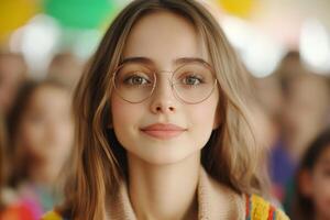 Young woman with glasses smiles warmly in a colorful setting during a lively gathering with friends and family photo