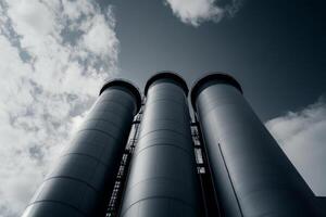 Tall industrial silos rise against a cloudy sky in a modern urban area during the daytime photo