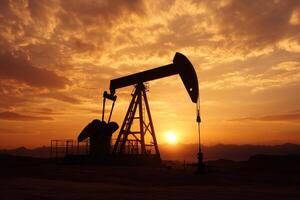 Oil pump jack operates at sunset in a remote location surrounded by mountains and a vibrant sky photo