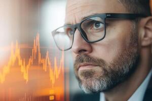 Business professional analyzing stock market trends in a modern office setting during the day photo