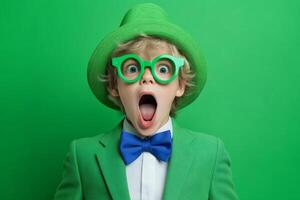 A young boy in a vibrant green suit and oversized green glasses expresses excitement with a wide-open mouth and bright eyes. photo