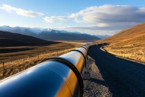 Industrial pipeline stretches across a vast landscape with mountains under a clear blue sky during the golden hour photo