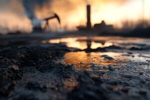 Industrial landscape at dusk with oil and reflections revealing environmental impact and machinery in action photo
