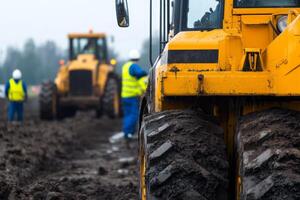 Heavy machinery operates on muddy construction site during overcast day with workers in safety gear photo