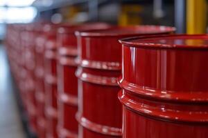 Rows of red barrels lined up in a warehouse for storage and distribution purposes photo
