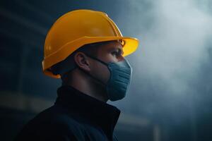 Worker in a safety helmet and mask stands in a smoky industrial environment during daytime photo