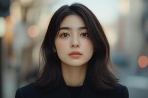 Young woman with soft features and shoulder-length hair poses in a blurred urban setting during daylight photo