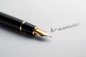 Elegant fountain pen poised to write a name on crisp white paper in a well-lit setting photo
