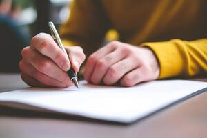 Person writing notes on blank paper at a table in a cozy indoor setting during the day photo
