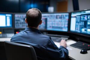 Man monitors multiple screens in a high-tech control room during late-night operations photo
