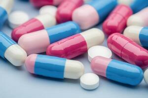 Colorful capsules and tablets scattered on a blue background in a health-related context photo