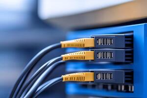 Cables connected to a network device with multiple ports in a modern workspace photo