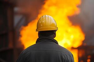 Worker observes large flames while wearing a protective helmet during a fire incident at an industrial site photo