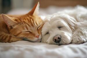 Cats and dogs peacefully sleeping together on a cozy bed in a warm, indoor setting during the afternoon hours photo