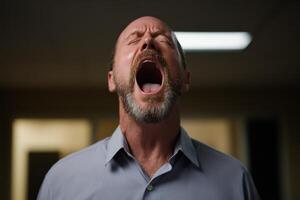 Man expresses strong emotion in a dimly lit indoor setting during a moment of frustration or distress photo