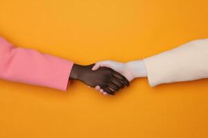 Two hands of different skin tones shake hands against a vibrant orange background to symbolize unity and collaboration photo