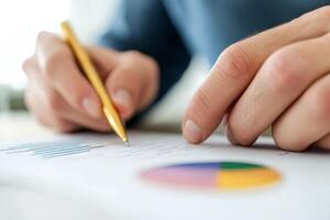 Hands working on financial documents with charts and graphs in a bright office space during the day photo