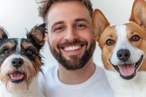 Smiling man poses with two happy dogs showcasing a joyful moment at home photo