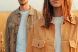 Couple enjoying a golden hour stroll in a field of wheat during late afternoon photo