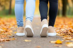 Friends walking together on a tree-lined path covered in autumn leaves during a sunny afternoon photo