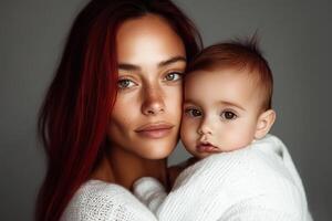 Mother and baby share a tender moment with warm expressions in cozy white sweaters indoors photo