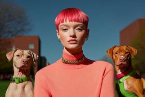 Fashion model poses with two dogs in vibrant outdoor setting during daylight hours photo