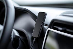 Smartphone holder attached to car dashboard during a drive in the afternoon light displaying sleek interior design photo