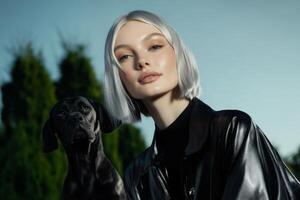Charming model with short silver hair poses alongside a sleek black dog in a serene outdoor setting during golden hour photo