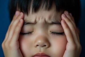 Young child experiencing stress while holding their head in a calm indoor setting photo