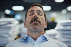 Man in blue shirt resting in a modern office surrounded by stacks of paperwork during a busy workday photo