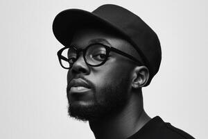 Portrait of a man with glasses wearing a cap in a minimalist setting photo