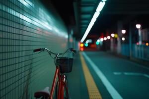 Bicycle parked near illuminated platform in an urban setting during nighttime photo
