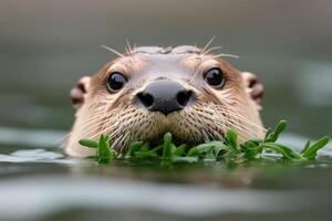 Otter swimming in water while holding green seaweed during a bright day in a natural habitat photo