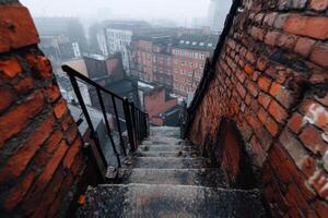 Staircase leading down from rooftop in urban area during foggy morning photo