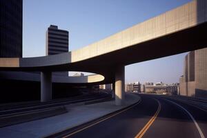 Curved highway interchange with modern buildings under clear blue sky at dusk photo
