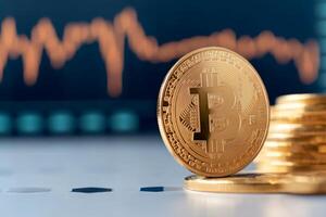 Bitcoin coins standing in front of a fluctuating market graph showing the value trends and analysis photo