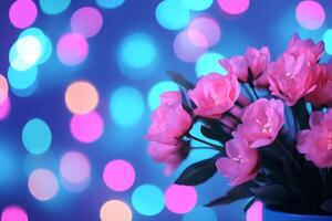 Colorful bouquet of pink flowers with soft bokeh background creating a vibrant atmosphere at night photo