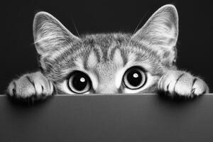 Curious kitten peeking over the edge with big, expressive eyes in black and white photo