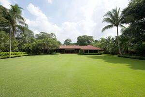 Lush green garden with tropical trees surrounding a traditional house on a sunny afternoon photo