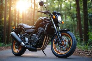 Motorcycle parked on a quiet forest road at sunset with warm light filtering through the trees photo