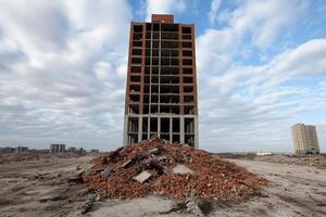 Abandoned building surrounded by rubble in an empty construction site under a cloudy sky photo