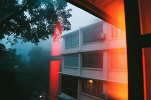 Foggy evening view from a window highlighting warm lights and misty surroundings in an urban neighborhood photo