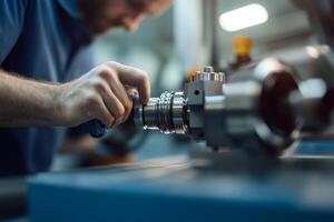 Worker performing precision engineering on a metallic component in a manufacturing facility during the daytime photo