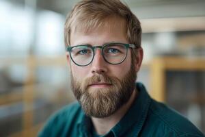 A young man with a beard and glasses is seated in indoor environment photo
