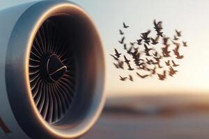 Birds flying near a jet engine during sunset with a blurred background creating a dynamic atmosphere in the sky photo