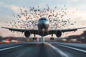 Modern airplane prepares for takeoff against a backdrop of flying birds at dusk photo