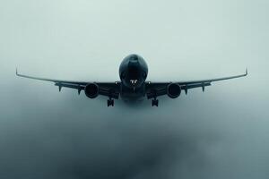 Aircraft approaching landing through foggy conditions at an airport during early morning hours photo